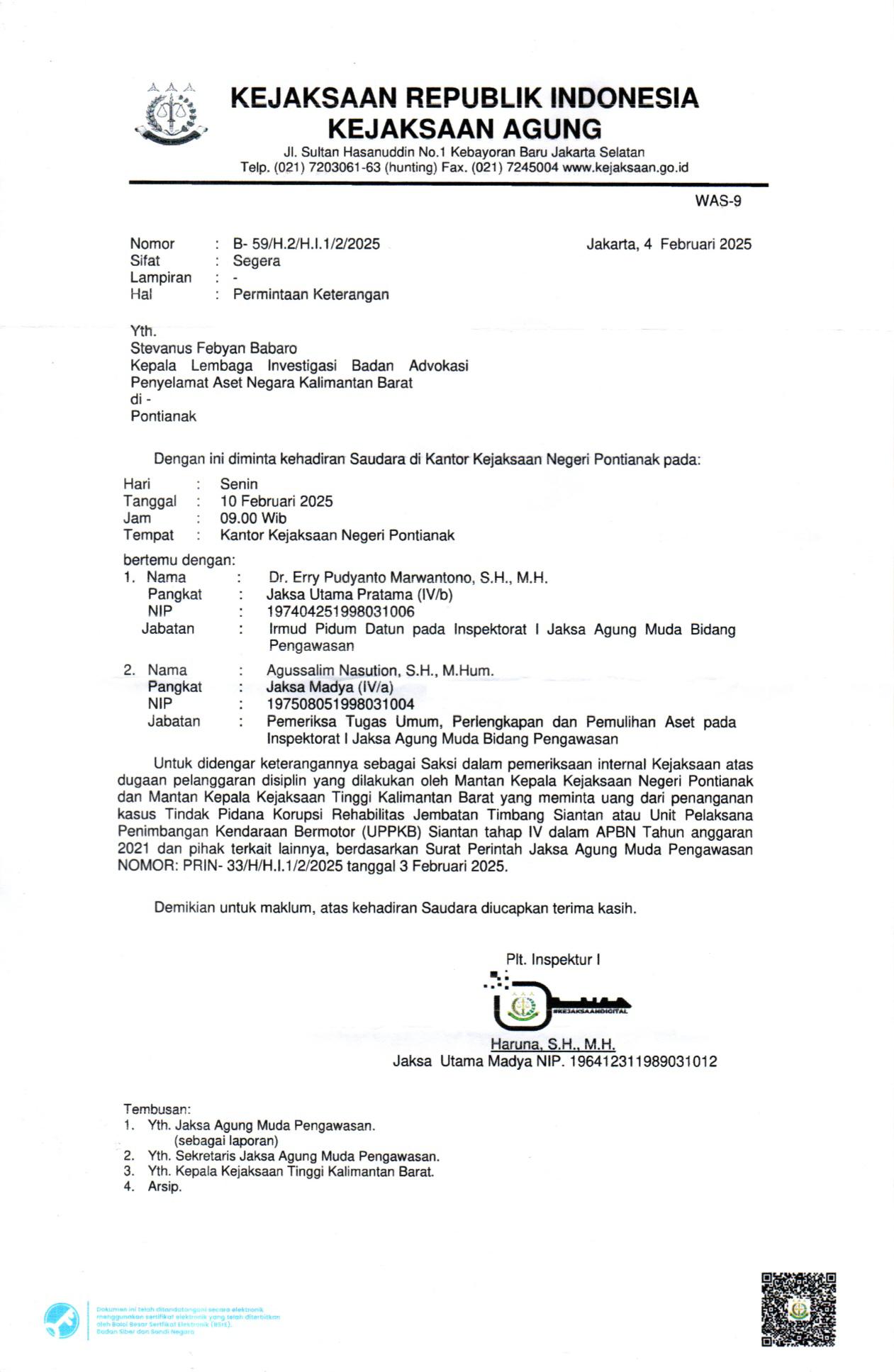 Kejagung Memangil Kepala Badan LI BAPAN Kalbar sehubungan pendalaman Dugaan Gratifikasi Mantan Kajari Pontianak dan Mantan Kajati Kalbar Dalam Kasus Jembatan Timbang Siantan