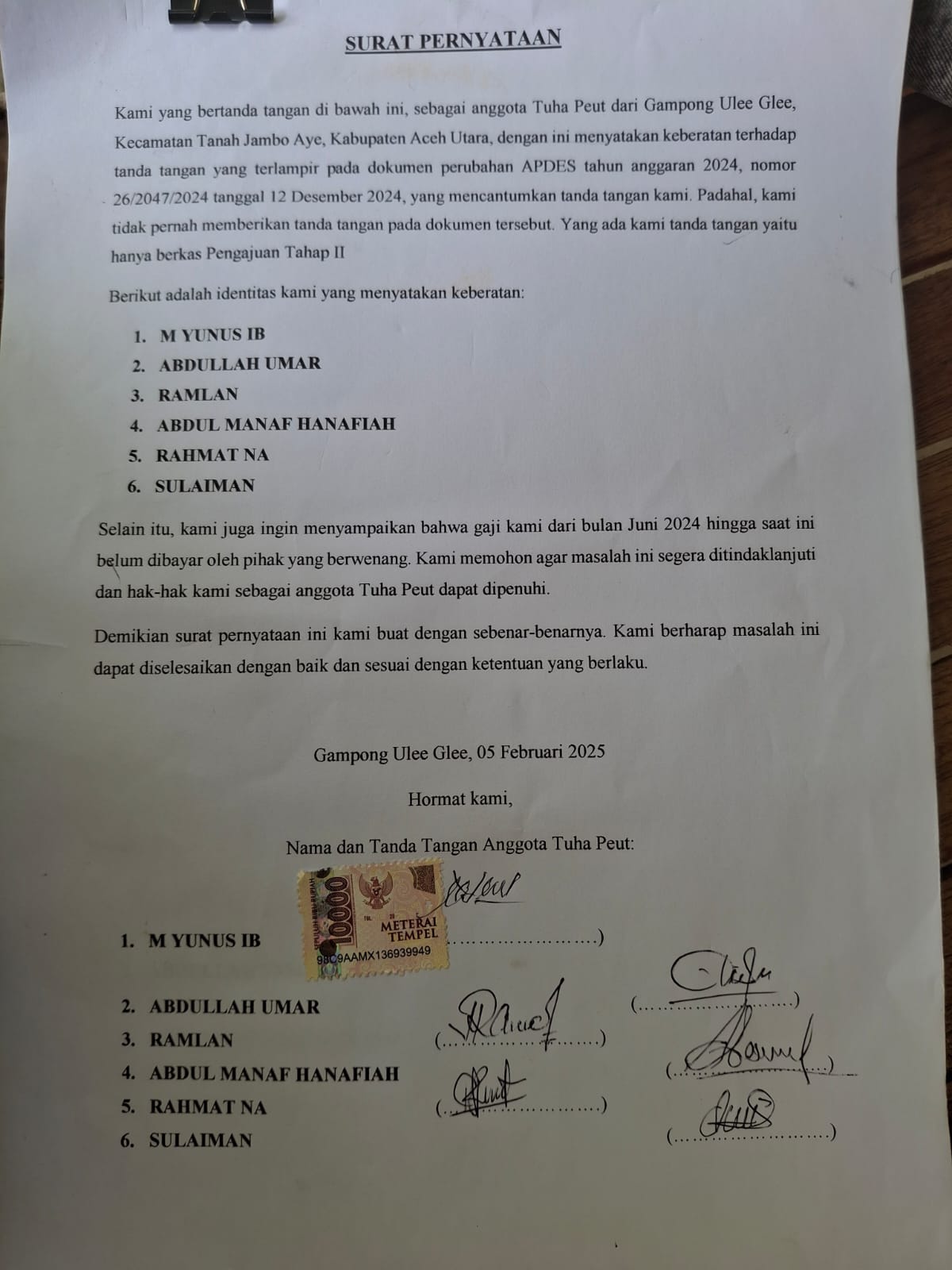 Dugaan Pemalsuan Tanda Tangan Tuha Peuet Ulee Glee dan Gaji yang Belum Dibayarkan