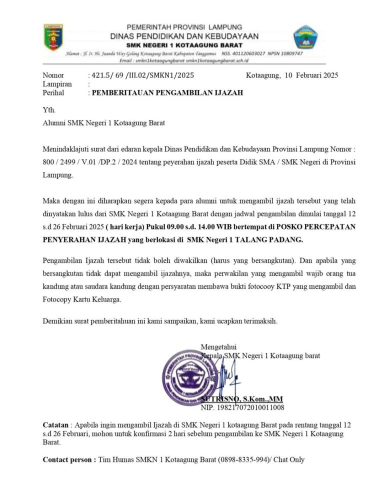 SMK Negeri 1 Kota Agung Barat Tanggamus Umumkan Pengambilan Ijazah Alumni di Dua Tempat