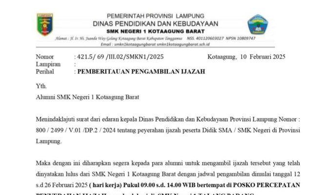 SMK Negeri 1 Kota Agung Barat Tanggamu Umumkan Pengambilan Ijazah Alumni di Dua Tempat