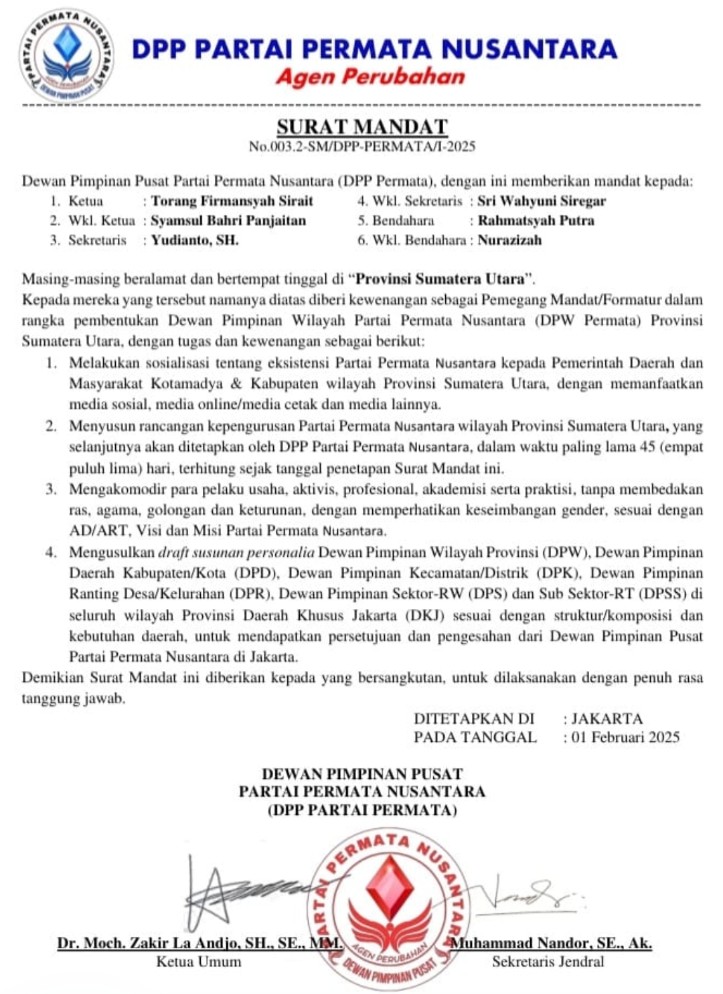 Sumut: Pemberian Surat Mandat DPW Partai Permata Nusantara (PPN) Prov.Sumut