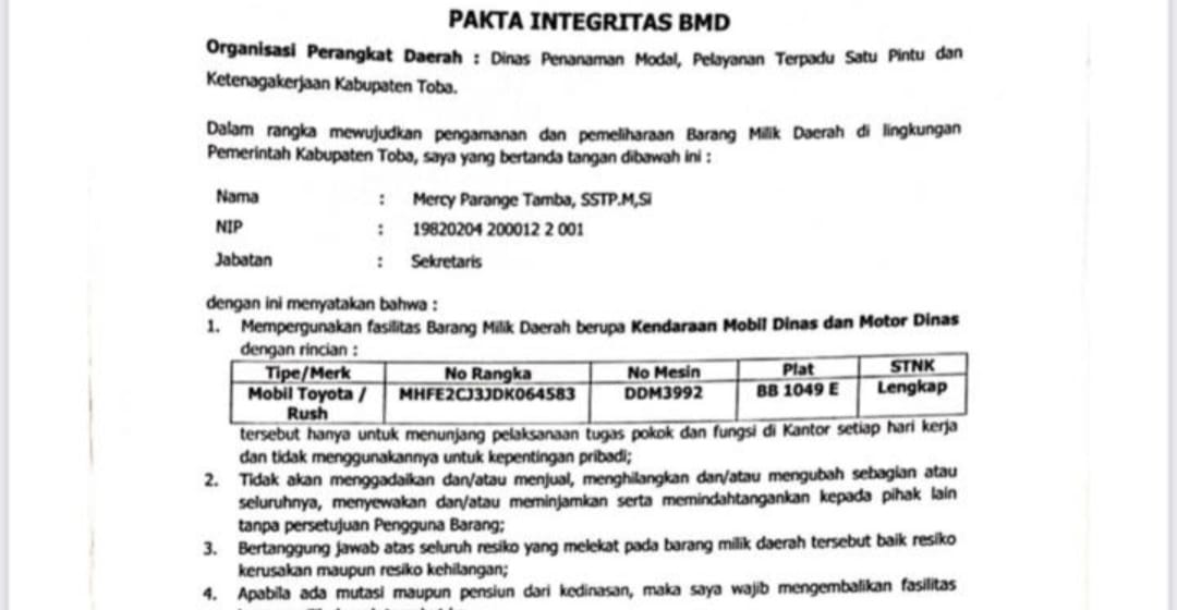 TOBA : Usut Tuntas Dugaan Penyalahgunaan Mobil Dinas Penanaman Modal Pelayanan Terpadu Satu Pintu dan Ketenagaan Kerja ( DPMPTSPTK ) Toba