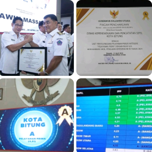 Gubernur Sulut Yulius Selvanus Komaling Berikan Penghargaan Pelayanan Prima ke Walikota Bitung Hengky Honandar,