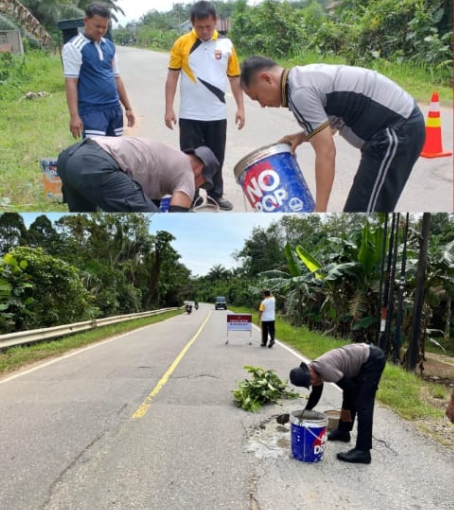 Peduli Keselamatan, Polsek Kembayan Tambal Jalan Berlubang di Dua Desa