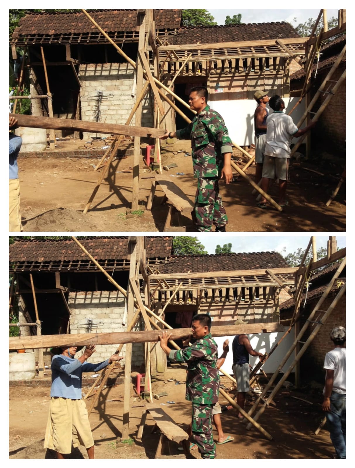 Babinsa Sraten Turut Gotong Royong Bantu Pembangunan Rumah Warga Binaan