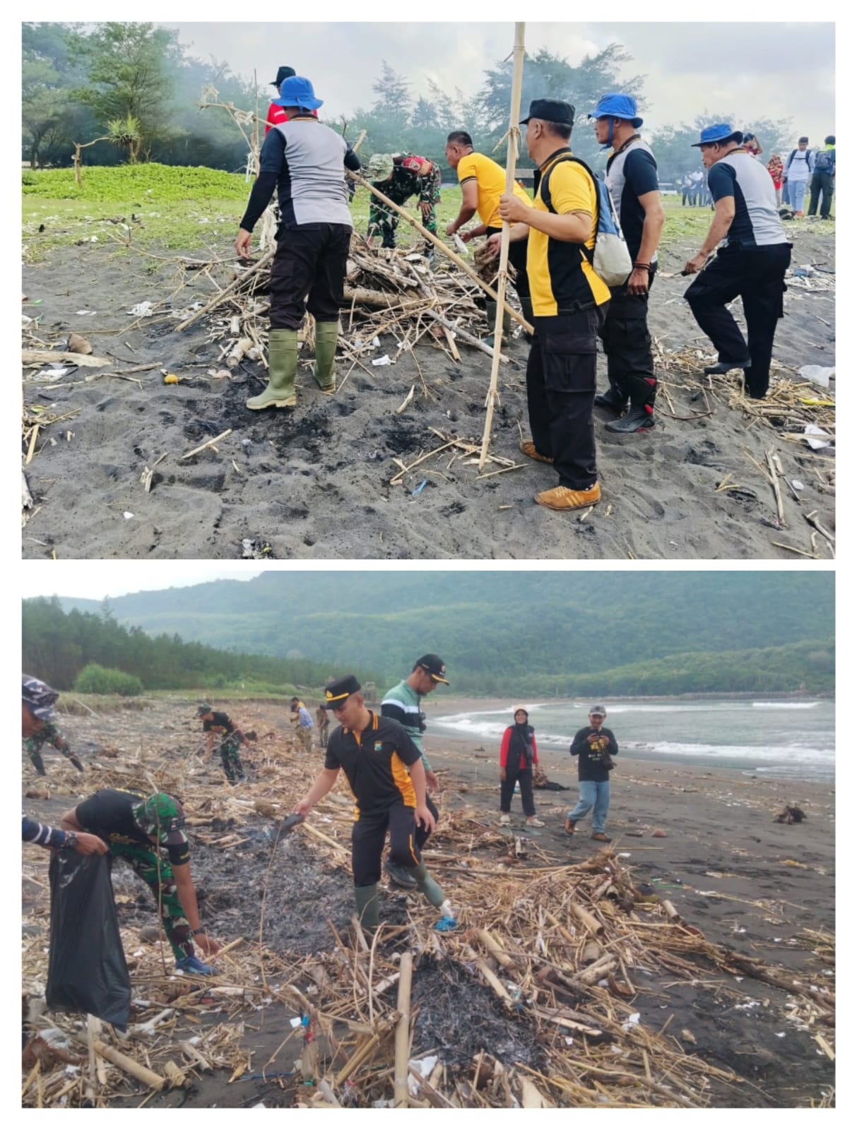 Gotong Royong Personil Polres Jember dan TNI Bersih-bersih Pantai Puger