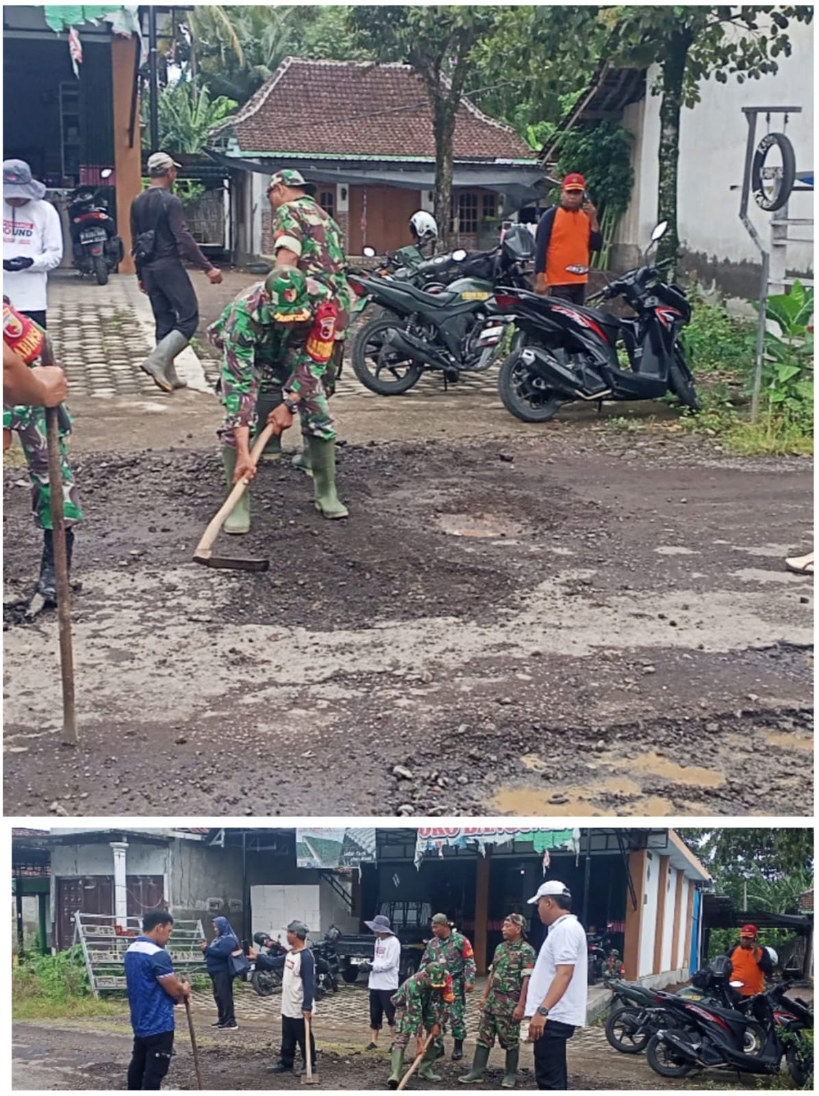 Babinsa Desa Kedunggebang, Bersama Pemdes Kerja Bhakti Pengurukan Jalan Berlubang