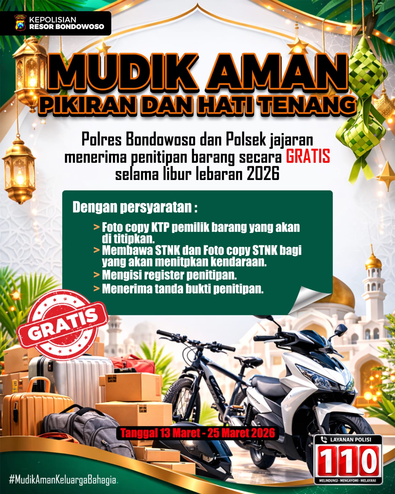 Mudik Tenang Barang Aman : Polres Bondowoso Buka Layanan Penitipan Kendaraan Gratis!