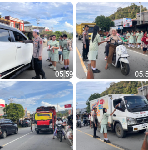 Polsek Sekayam Kawal Aksi Sosial Pelajar SMP Kristen Bukit Pengharapan Berbagi Takjil untuk Warga