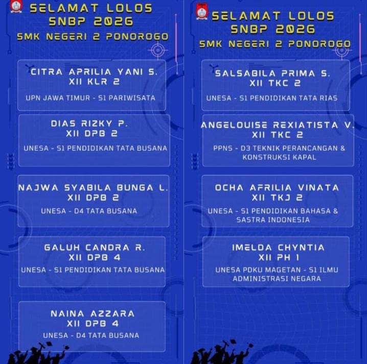 SELAMAT DAN SUKSES KEPADA SISWA SMK NEGERI 2 PONOROGO YANG LOLOS SNBP GOLDEN TIKET TAHUN 2026