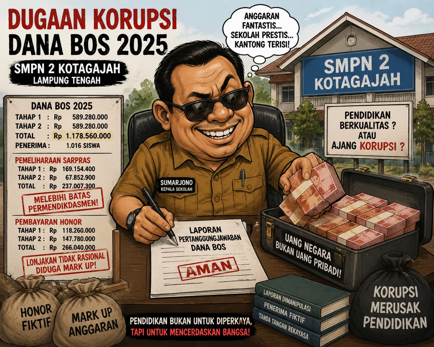DUGAAN MARKUP DAN PENYIMPANGAN DANA BOS 2025 di SMPN 2 KOTA GAJAH JADI SOROTAN.