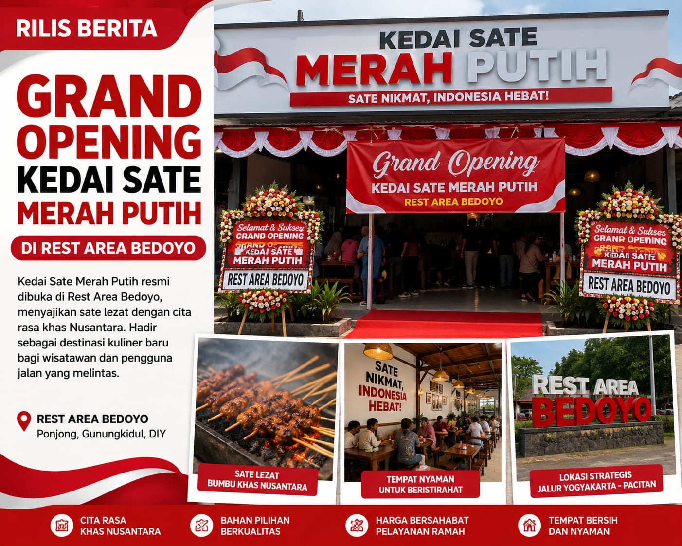 Grand Opening Kedai Sate Merah Putih Hadir di Rest Area Bedoyo, Siap Manjakan Pecinta Kuliner Nusantara