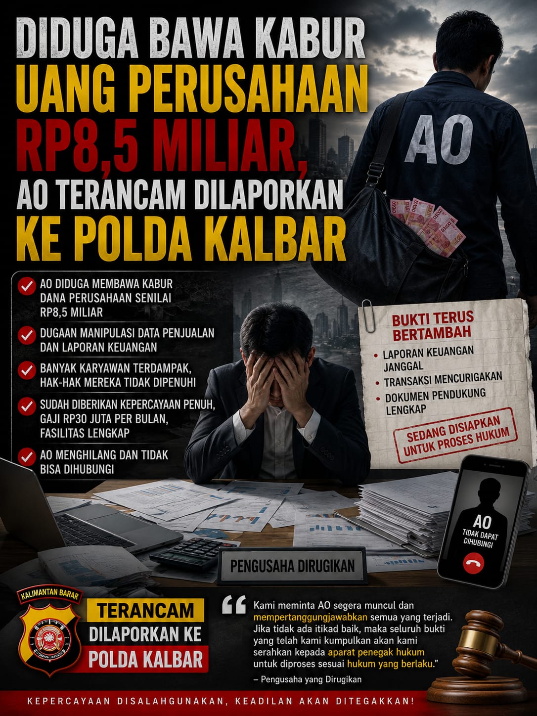 Rp8,5 Miliar Raib Dugaan Keras AO Menggelapkan Uang Penggusaha Jakarta”Terancam Dilaporkan ke Polda Kalbar