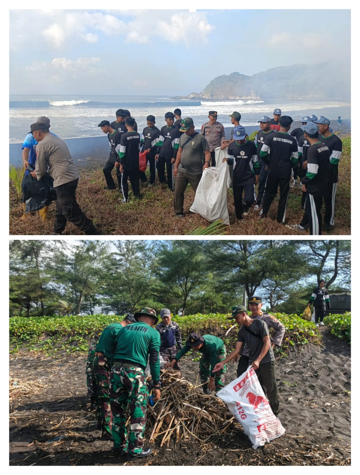 Koramil Pesanggaran Aktif Turun Gotong Royong Kerja Bakti Kebersihan Pantai Persiapan Dalam Rangka Ancara Petik Laut 1 Suro Pantai Lampon
