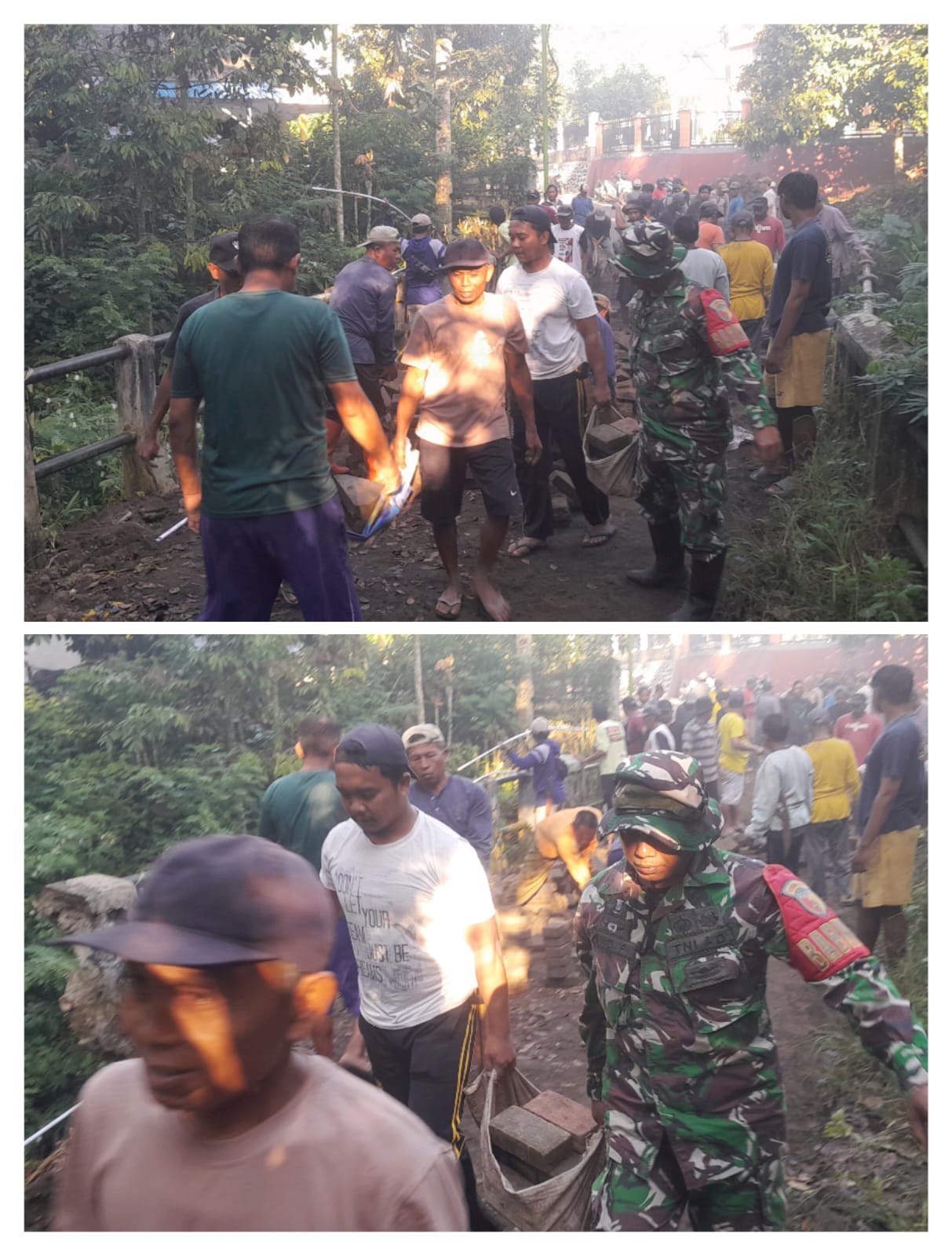 Babinsa Koramil Songgon Turun Gunung: TNI Dan Rakyat Bersatu Bersihkan Jalan Demi jembatan Harapan Dusun Gumukcandi