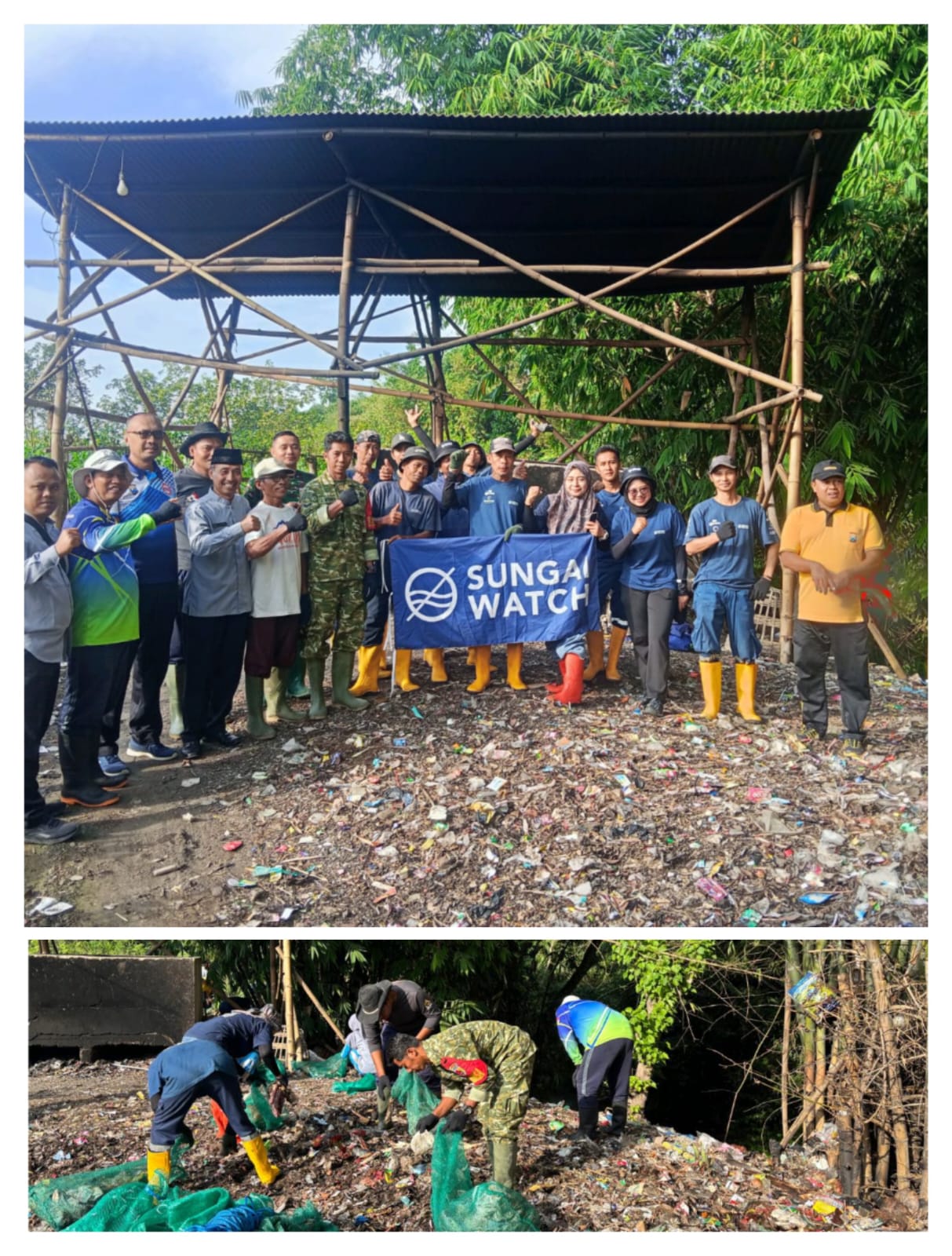 Personil Koramil 0825/06 Gambiran Bersama Sungai Watch Bersihkan Sampah di Bantaran Sungai